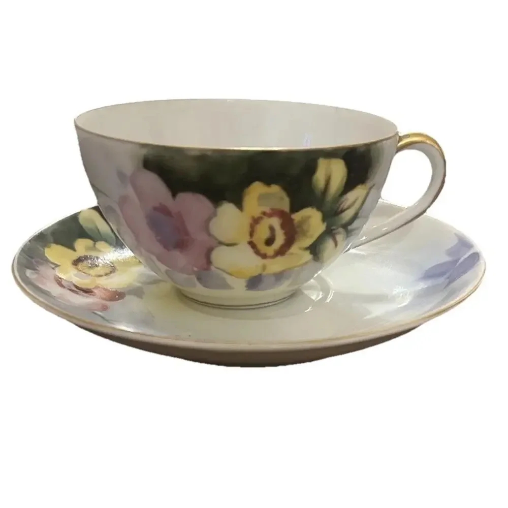 Antique Bayreuth Bone China Yellow Floral Handpainted Tea Cup & Saucer Gold Trim